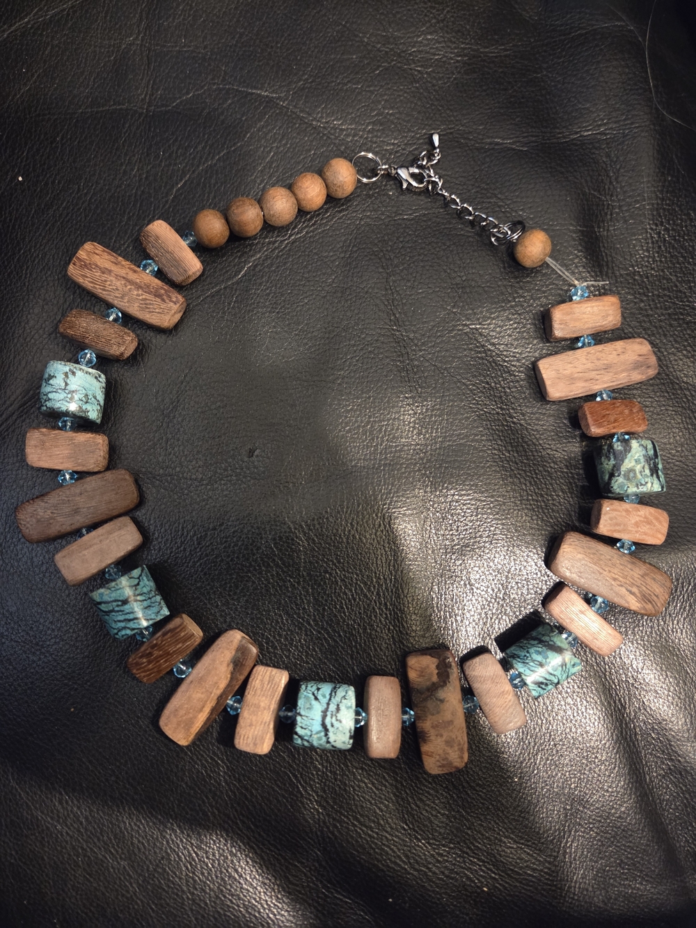 Artisan Tibetan Turquoise & Natural Wood Statement Necklace Boho Chunky.